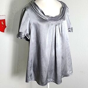 Dujour Slate Blue Shiny Blouse with Pleated Neckline, Size Large